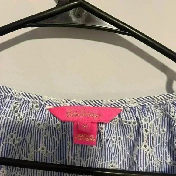 Lilly Pulitzer Willa Blue White Embroidered Eyelet Long Balloon Sleeve Top M - Picture 3 of 7